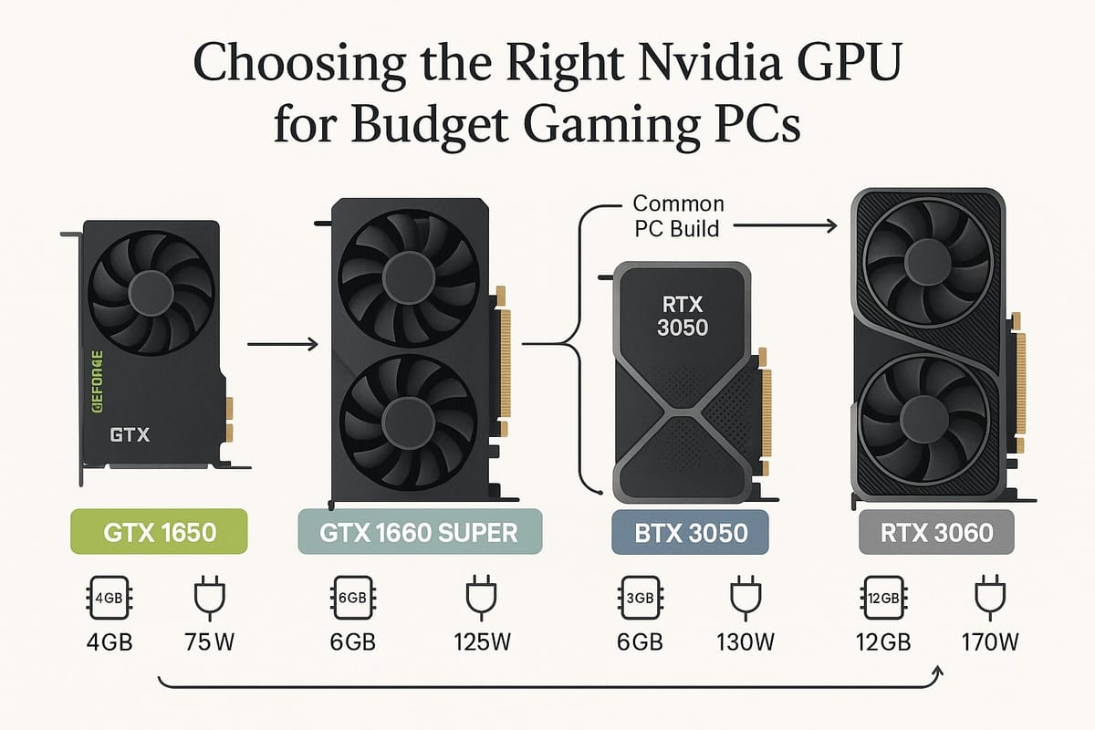 Minimalist infographic compares GTX 1650, GTX 1660 Super, RTX 3050, and RTX 3060 Nvidia GPUs for budget gaming PCs, featuring vector illustrations, key specs icons, upgrade recommendations, and elegant colored banners on a bright, organized layout.