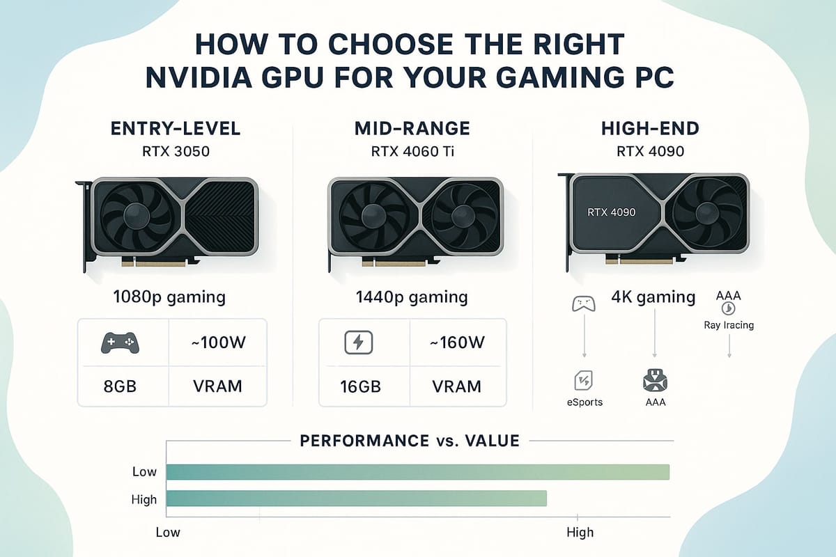 Modern infographic poster showing entry-level, mid-range, and high-end NVIDIA GPUs with recommended gaming resolutions, power icons, VRAM info, and linked game genre icons. Performance vs. value chart runs along the bottom, with a clean blue-green accented background for educational clarity.