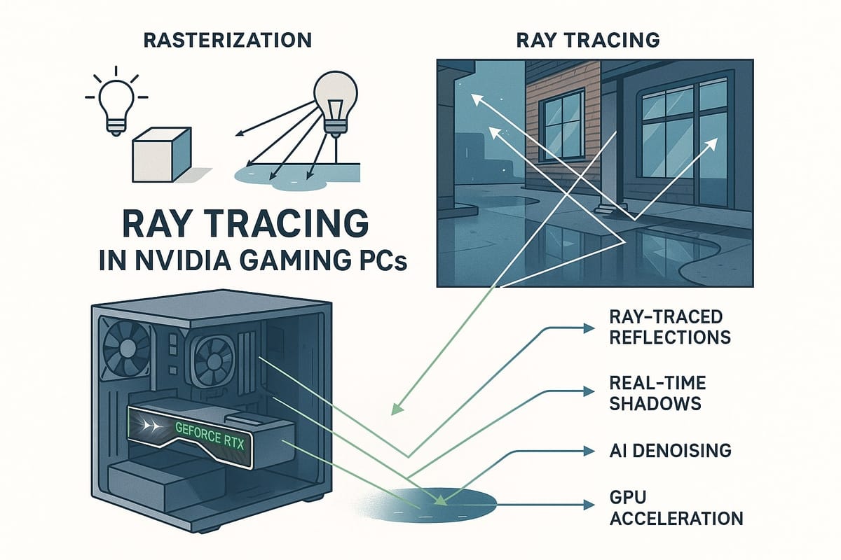 Educational infographic comparing traditional rasterization and Nvidia ray tracing in gaming PCs, featuring labeled GPU cross-section, reflective game scene, light ray paths, and clear vector icons illustrating ray-traced reflections, real-time shadows, AI denoising, and GPU acceleration processes.