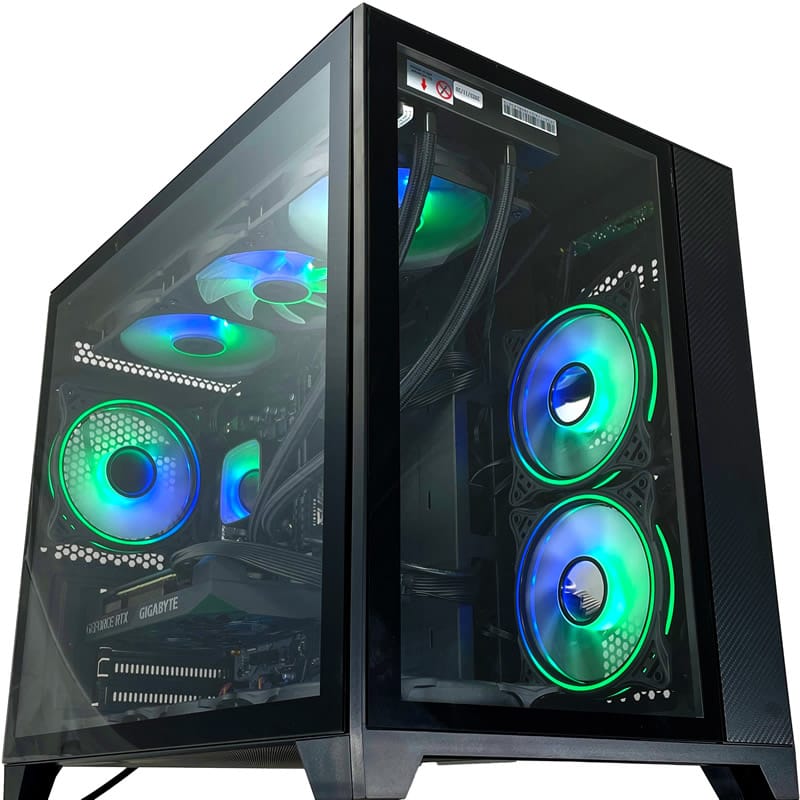Front view of the G6 Typhoon X5, Vida Akira Black tempered glass panel showing the 360mm AIO and the RTX 5070 Ti