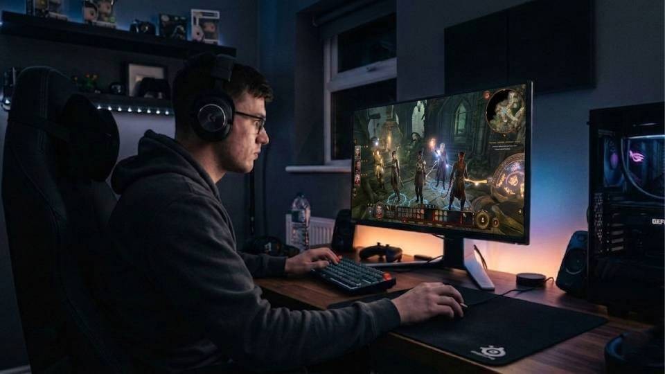 RPG player fully immersed in Baldur's Gate 3 at a high-resolution monitor