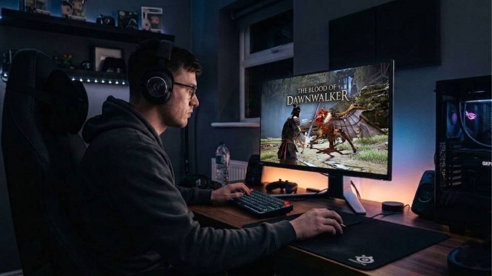 Gaming setup for The Blood of Dawnwalker — Witcher 3 player, dark fantasy RPG at 1440p