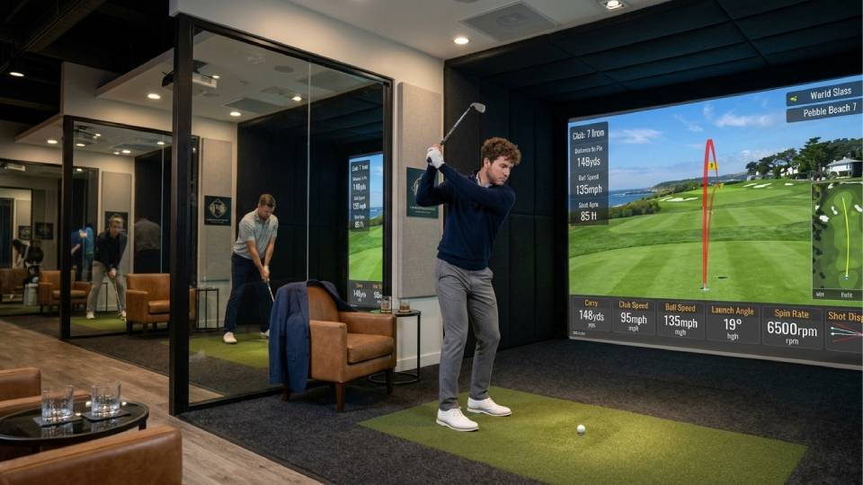 Home golf simulator bay — single screen or projector setup