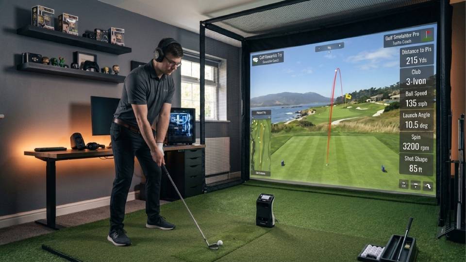 Commercial golf simulator venue — multi-bay setup, club or bar