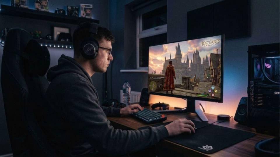 absorbing Hogwarts Legacy player at a large monitor with full detail settings