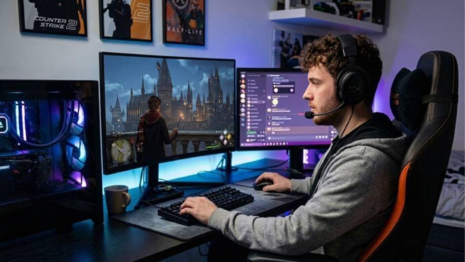 Harry Potter fan playing Hogwarts Legacy on a Ginger6 mid-range gaming PC