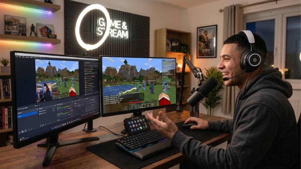 Minecraft modpack player with complex modded game on screen
