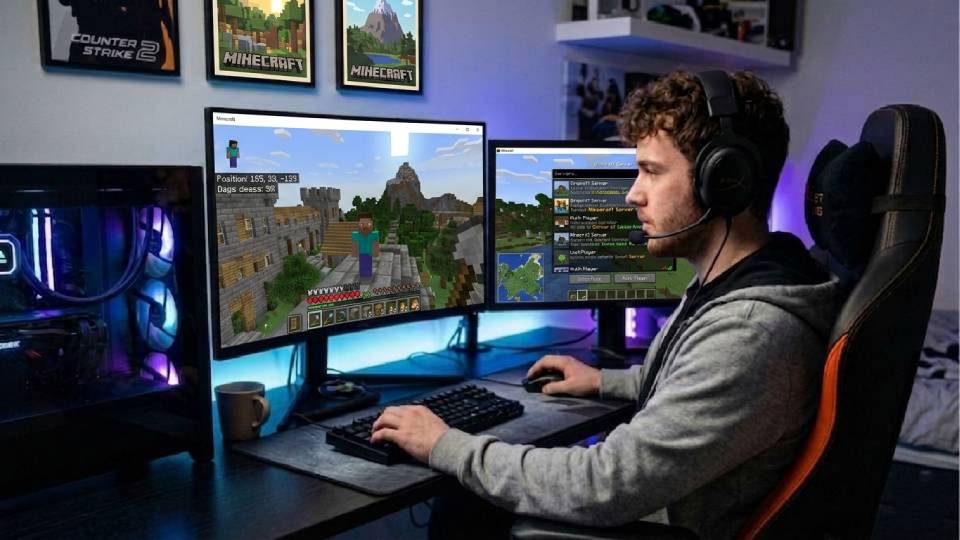 Minecraft shader player with atmospheric lighting scene on screen