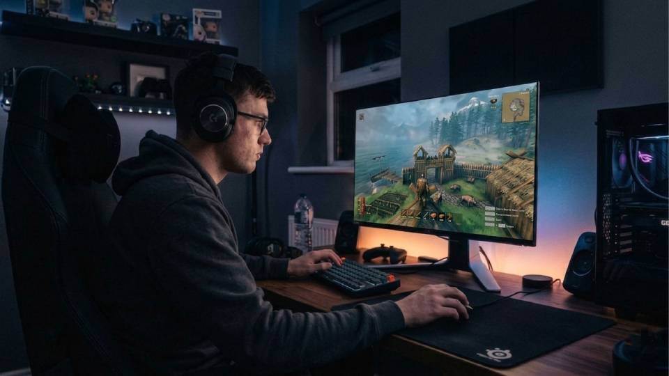 Valheim vanilla player exploring a forest biome at a relaxed desk setup