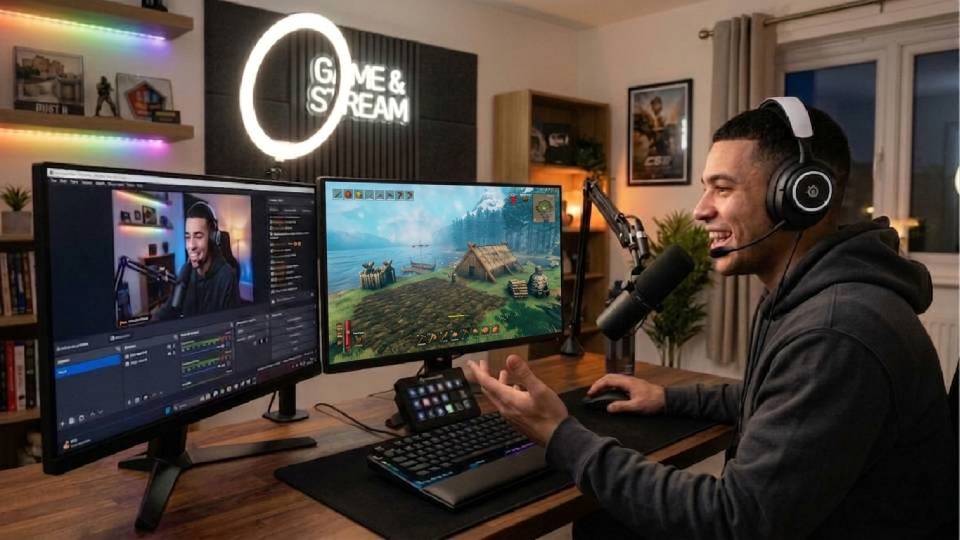 Valheim content creator with 4K modded landscape on screen