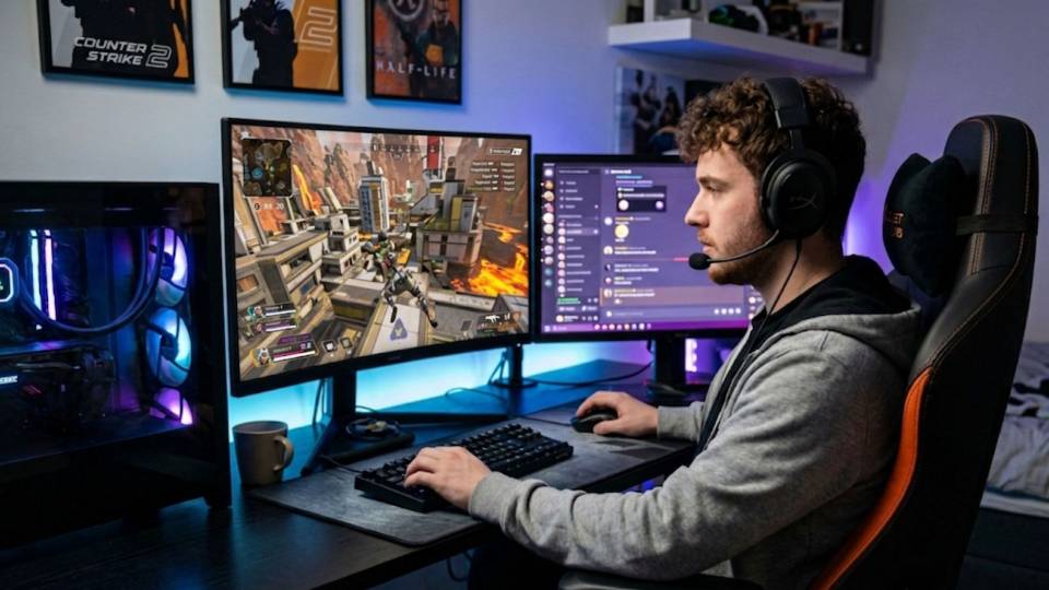 Apex Legends squad player at casual gaming desk with Ginger6 PC