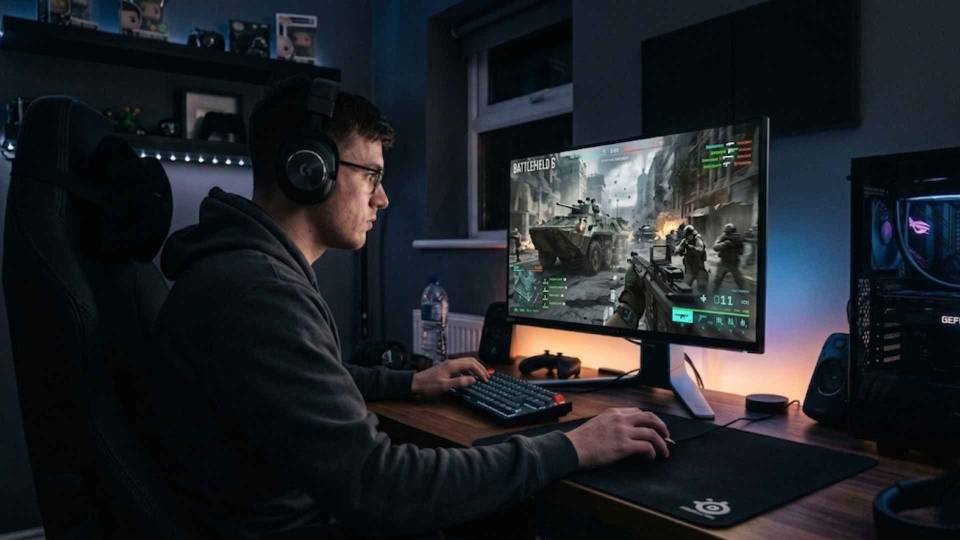 Battlefield 6 tactical player at 1440p gaming desk with Ginger6 PC