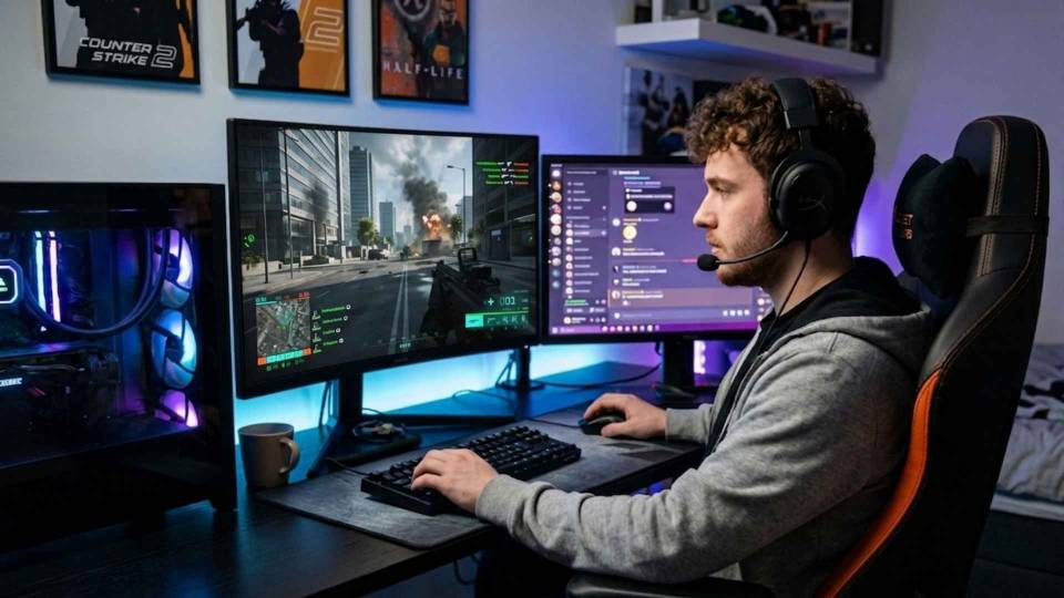 Battlefield 6 action player at 1080p gaming desk with Ginger6 PC