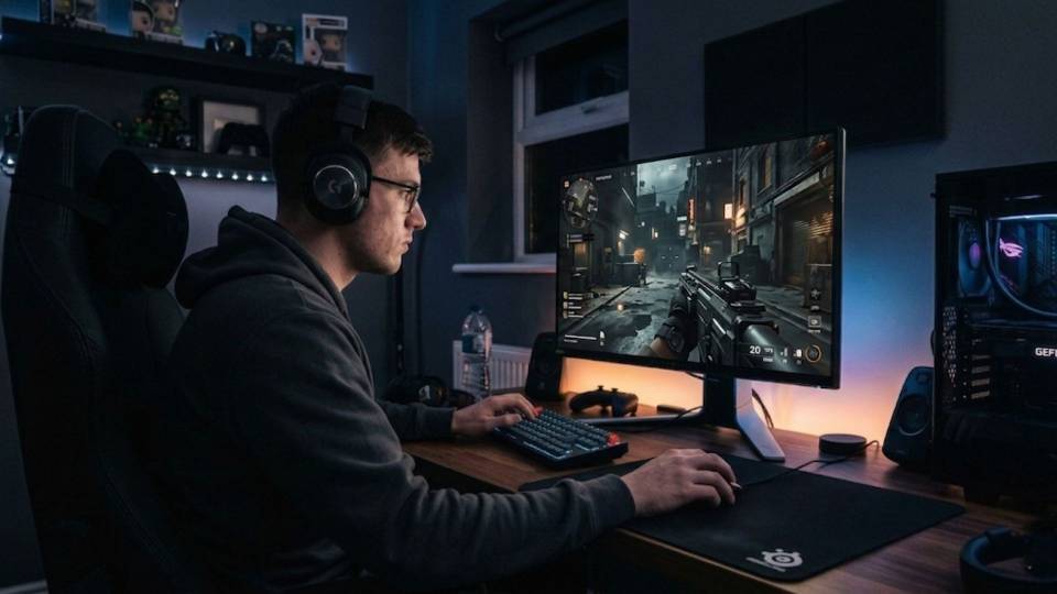 Black Ops 7 competitive player at 144Hz gaming desk with Ginger6 PC