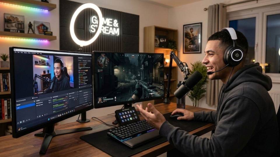 Black Ops 7 and Warzone combo player at gaming desk with Ginger6 PC