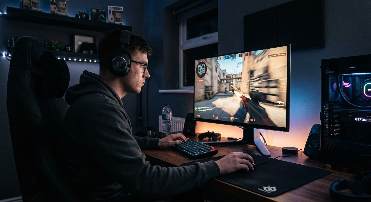 Competitive CS2 player at desk with 240Hz monitor and Ginger6 gaming PC