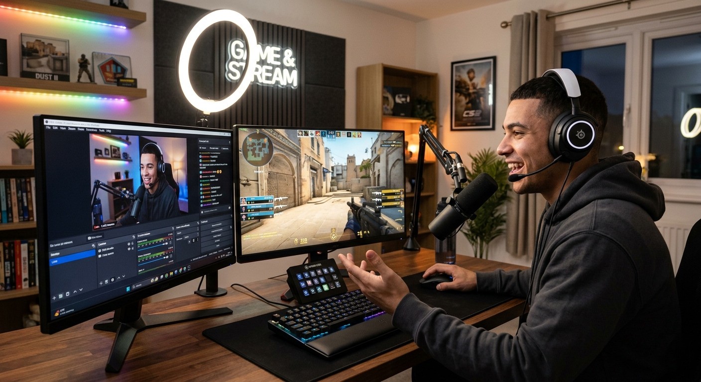 CS2 streamer at dual-monitor setup with Ginger6 PC and streaming software