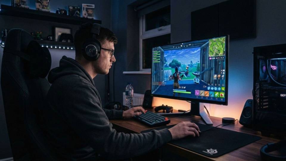 Competitive Fortnite player at 240Hz desk setup with Ginger6 gaming PC