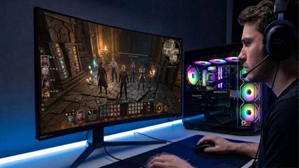 Ginger6 gaming PC in a Baldur's Gate 3 RPG desk setup with large monitor