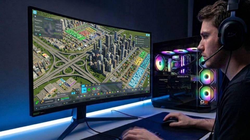 Ginger6 gaming PC in a Cities Skylines setup — large city on screen, clean interior through side panel