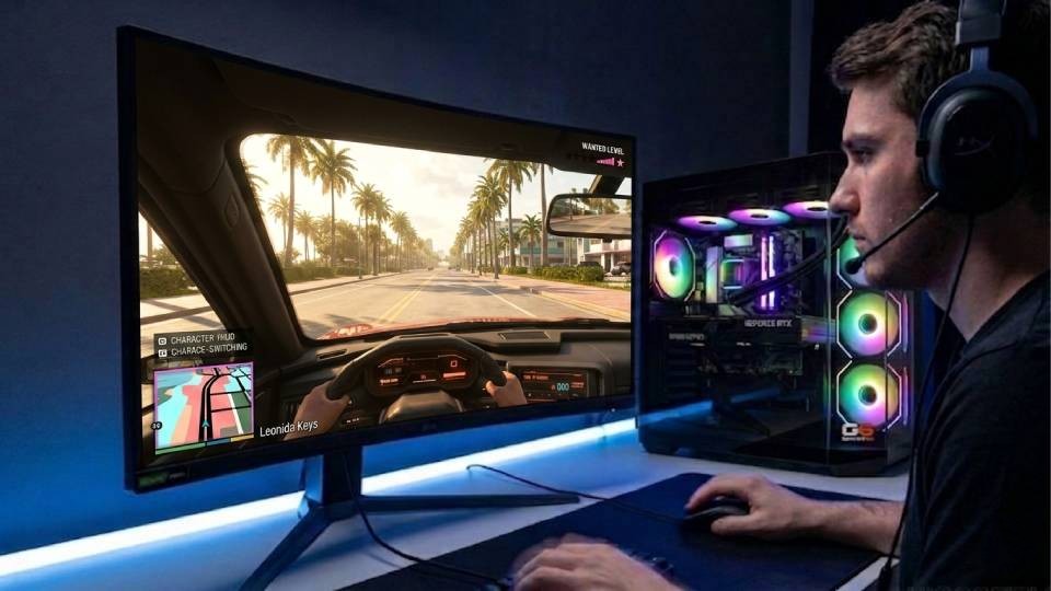 Ginger6 gaming PC in an open world gaming setup — large monitor, clean desk