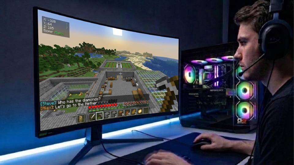 Ginger6 gaming PC in a Minecraft build setup — shader scene on screen, clean interior visible through side panel