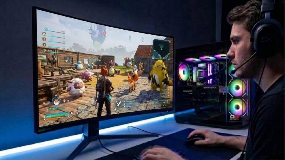Ginger6 gaming PC in a Palworld setup — open world scene on screen, clean interior visible through side panel
