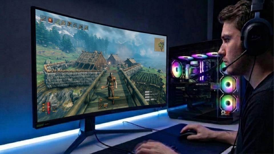 Ginger6 gaming PC in a Valheim setup — modded forest scene on screen, clean internals through side panel