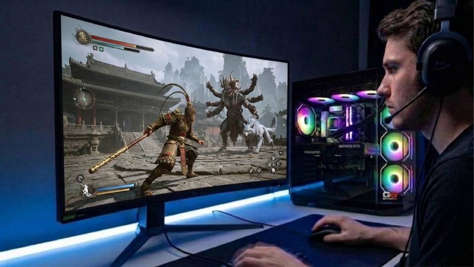 Ginger6 high-end gaming PC with Black Myth: Wukong on a large 1440p monitor