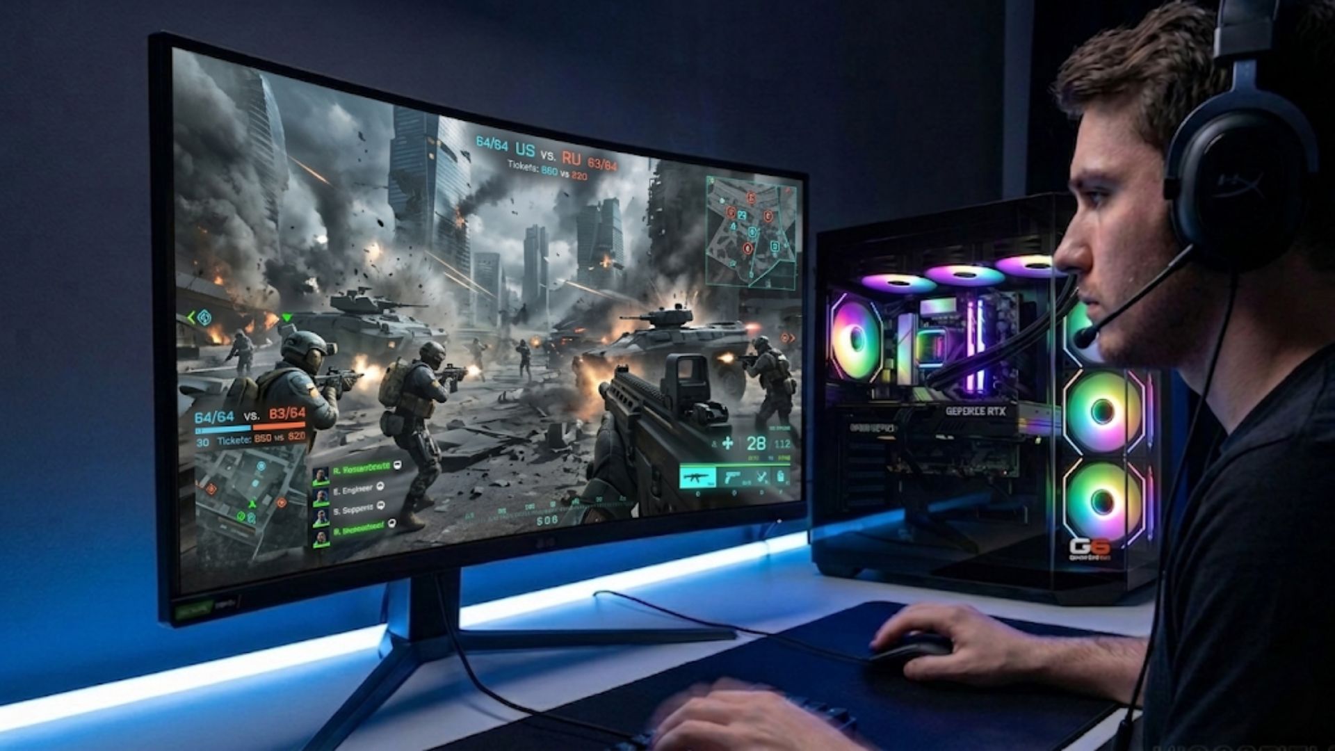 Ginger6 high-end gaming PC in a Battlefield 6 desk setup — 1440p monitor, clean cable management
