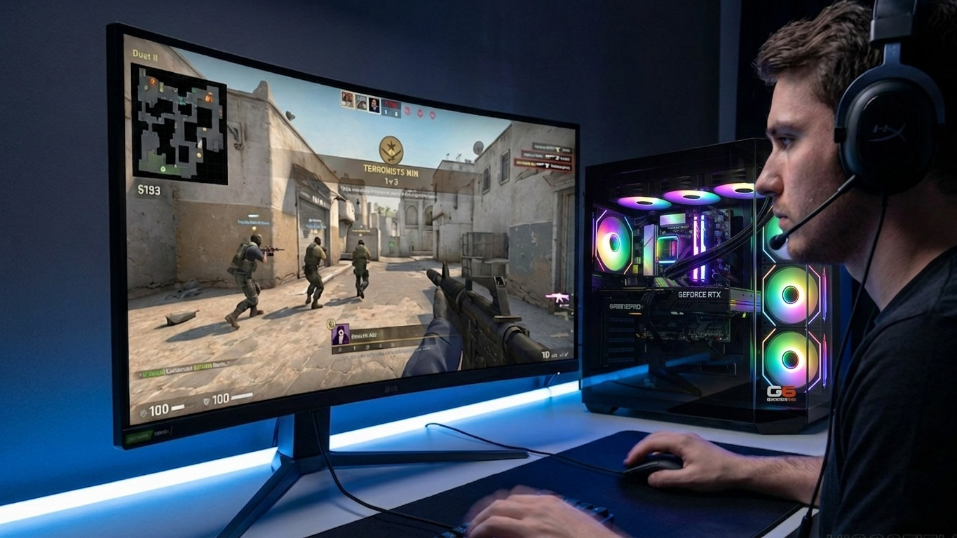 Ginger6 gaming PC in a CS2 competitive desk setup — 360Hz monitor, clean cable management visible through side panel