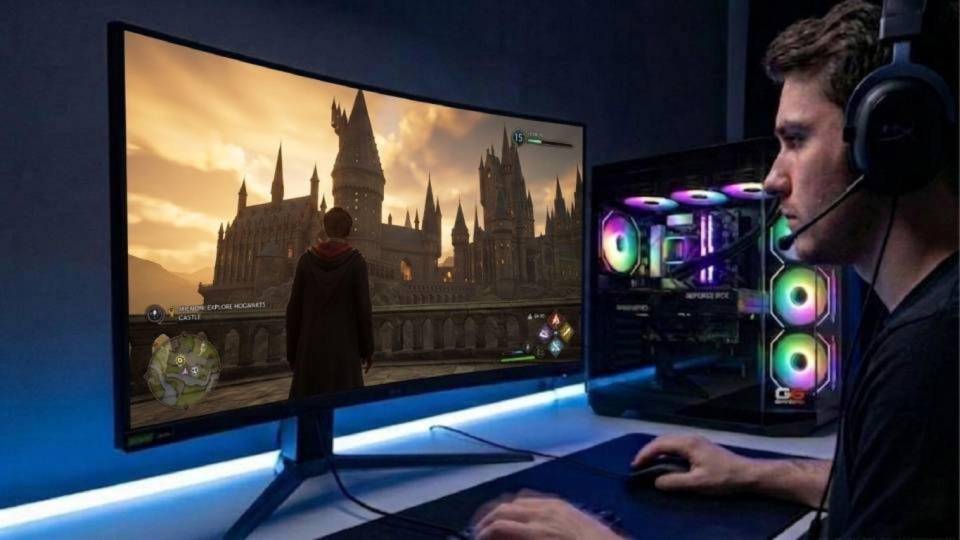 Ginger6 gaming PC in a Hogwarts Legacy desk setup with 1440p monitor showing castle environment