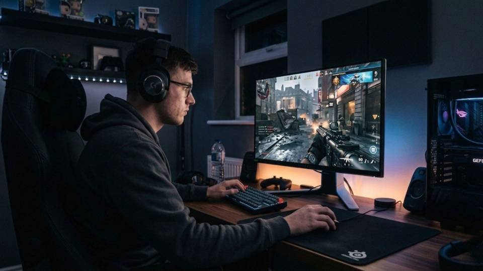 Modern Warfare multiplayer player at 144Hz gaming desk with Ginger6 PC