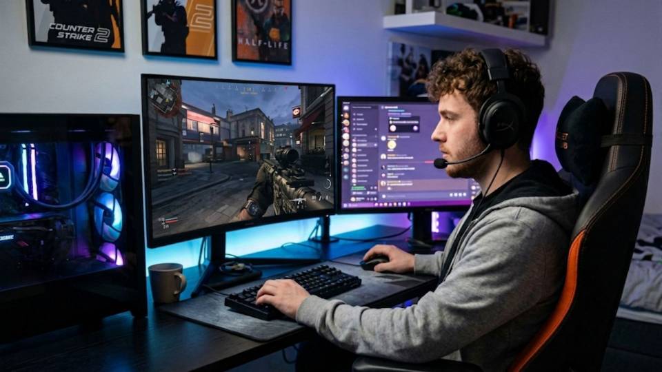 Modern Warfare and Warzone combo player at gaming desk with Ginger6 PC