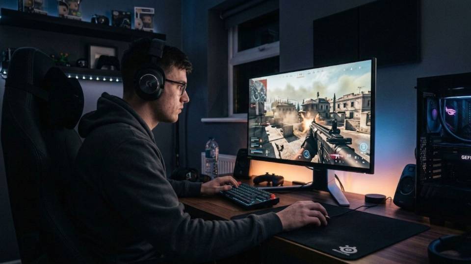 Warzone player at 1440p gaming desk with Ginger6 PC