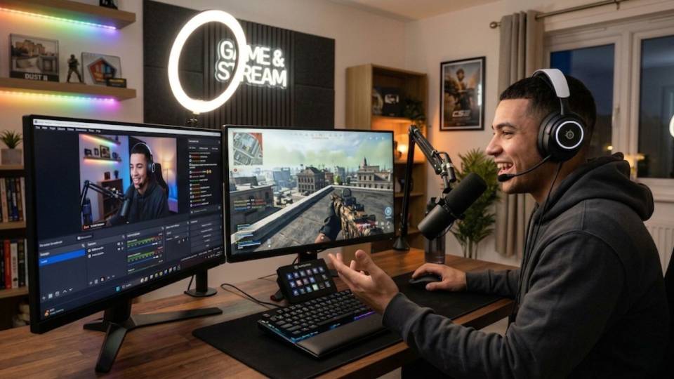 Warzone streamer at dual-monitor setup with Ginger6 PC
