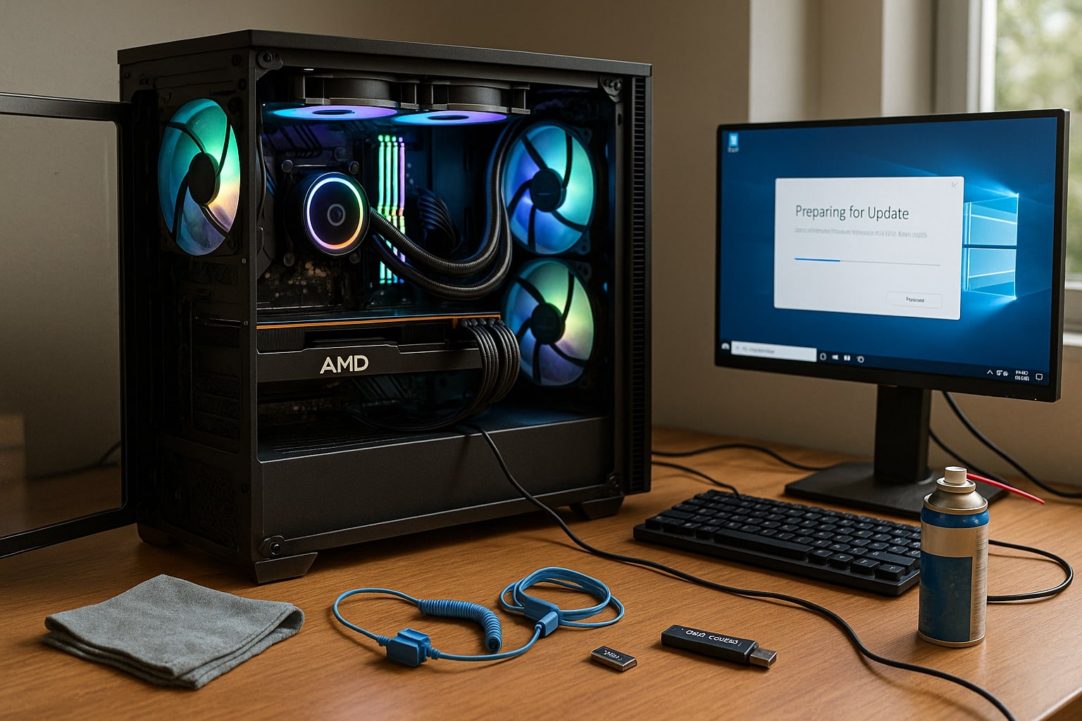 Modern AMD gaming PC with glass panel removed, RGB-lit components, and update tools on desk. Monitor shows 'Preparing for Update' screen. Natural daylight highlights workspace, emphasizing clean organization and anticipation for a seamless system update.