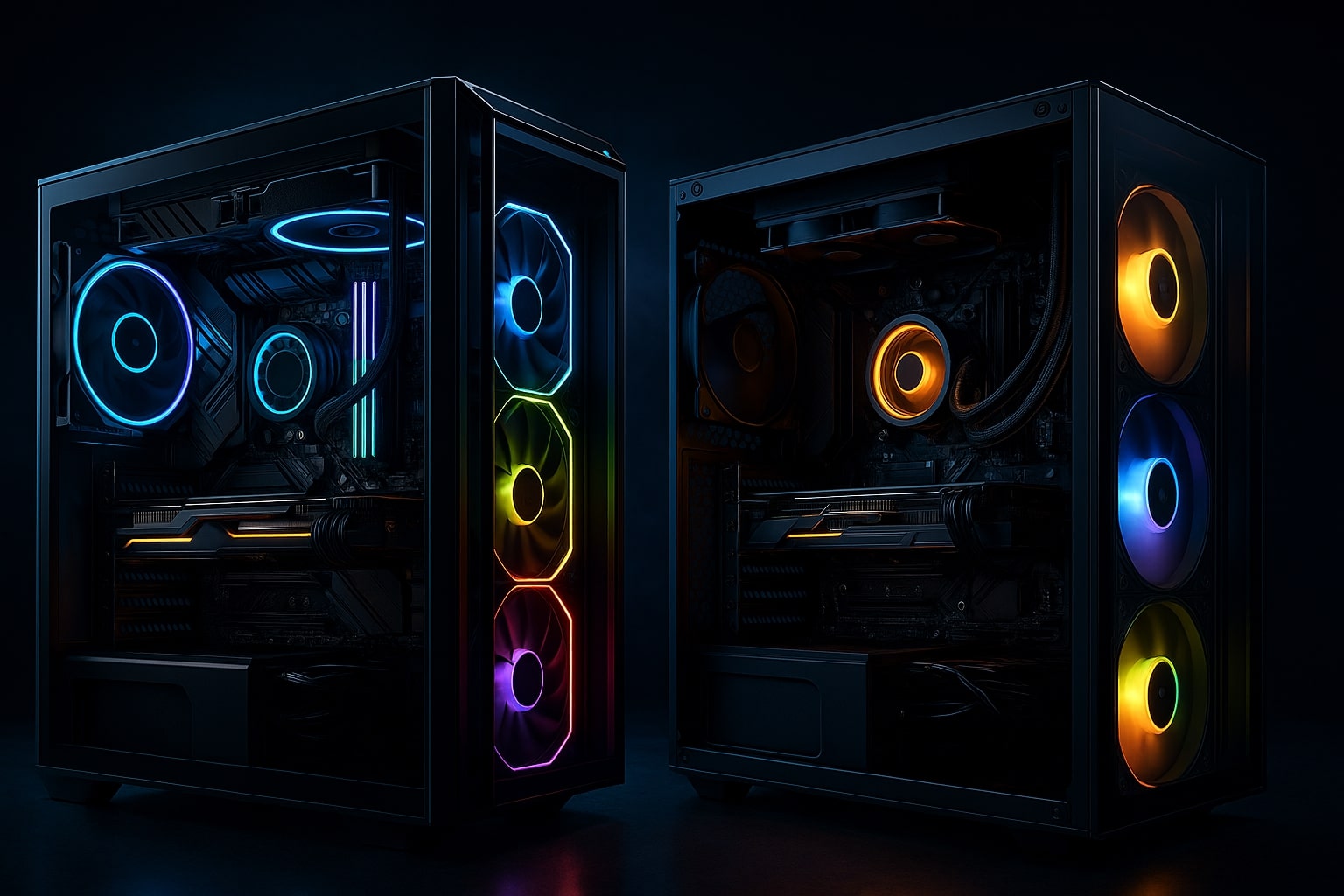 Cinematic digital illustration showing side-by-side AM4 and AM5 gaming desktops in a modern setup, showcasing detailed internal components, vibrant RGB lighting, and sleek tempered-glass cases against a dramatic tech-themed background, highlighting performance evolution for gaming enthusiasts.