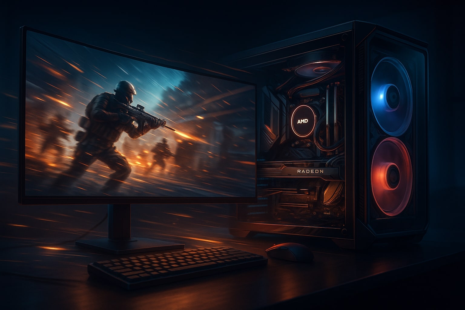Illustration of a powerful AMD gaming PC with RGB lighting, visible components, and an ultra-wide monitor displaying smooth, vivid high-speed gameplay, set in a modern dark room. The scene emphasizes fast frame rates, fluid motion, and immersive gaming experience.
