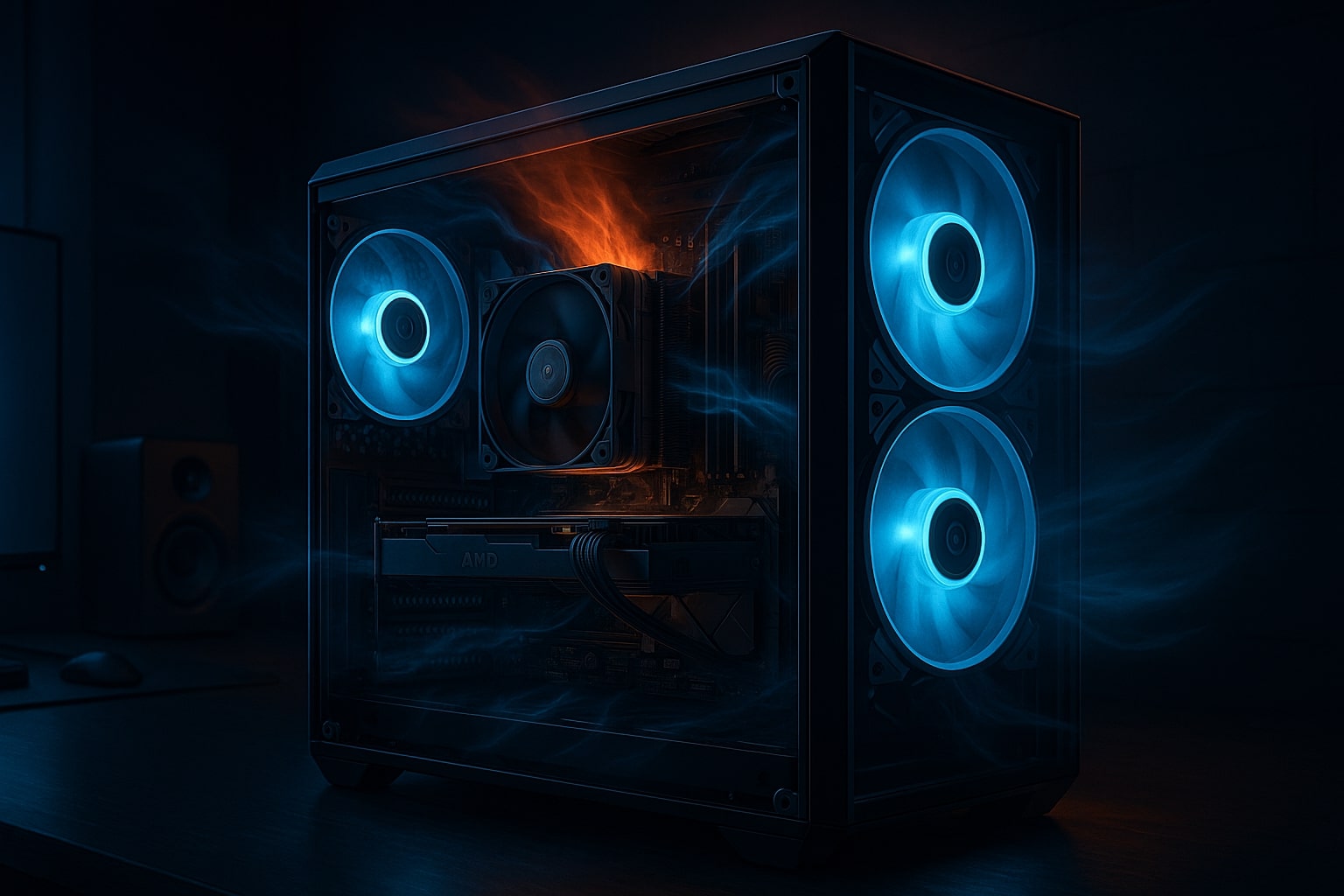 Digital illustration of an AMD gaming PC in a dark, modern setup, featuring visible cooling components, RGB fans, and blue airflow effects. The image highlights efficient heat reduction and system stability to represent optimal thermal management in high-end AMD gaming computers.