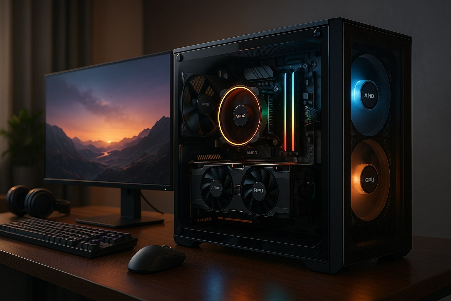 A cinematic digital illustration of a sleek AMD gaming PC setup with a glass case, visible components, RGB lighting, and efficient cooling on a clean desk in a modern home environment. The scene emphasizes value, performance, and stylish design for UK gamers.