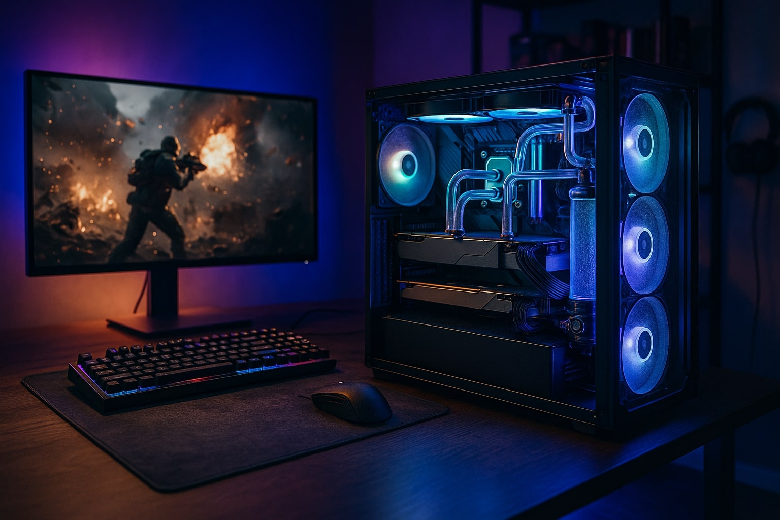 Hyper-realistic custom gaming PC setup with water cooling, RGB lighting, mechanical keyboard, hfresh monitor showing a battlefield game, and ambient blue-purple lighting, evoking immersive, high-performance gaming. Visible hardware details, organized cables, worn gaming mat, and background shelves with memorabilia add realism.