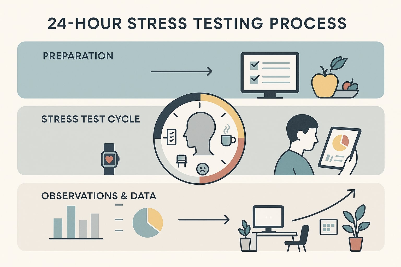 Minimalist infographic showing the 24-hour stress testing process: preparation, cyclical daily challenges, data analysis, and improved long-term productivity. Features flat vector illustrations like a desk, 24-hour timeline, charts, and a thriving workspace, visually connected for accessible understanding.