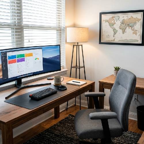 Custom workstation PC built by Ginger6 in Wolverhampton, shown in a creative professional workspace with dual monitors
