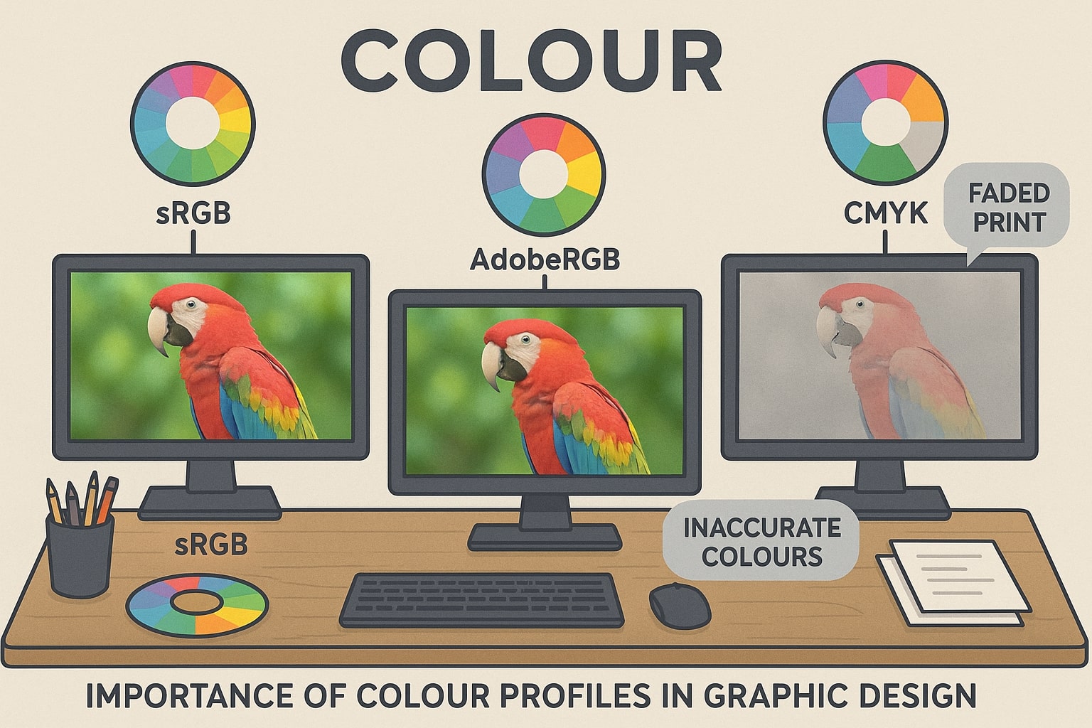 Infographic of three monitors at a designer’s workspace, each displaying a parrot with sRGB, AdobeRGB, and CMYK colour profiles, connected to labeled color wheels. Visual highlights of common issues like faded prints and inaccurate colors in graphic design due to color profiles.