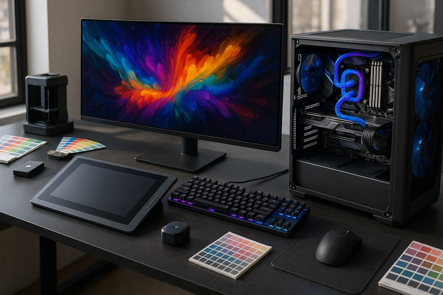 Modern custom PC workstation for graphic artists featuring an ultra-wide monitor, pen display, RGB keyboard, open PC tower with liquid cooling, and creative tools, set in a sunlit studio with lifelike details and authentic signs of use.