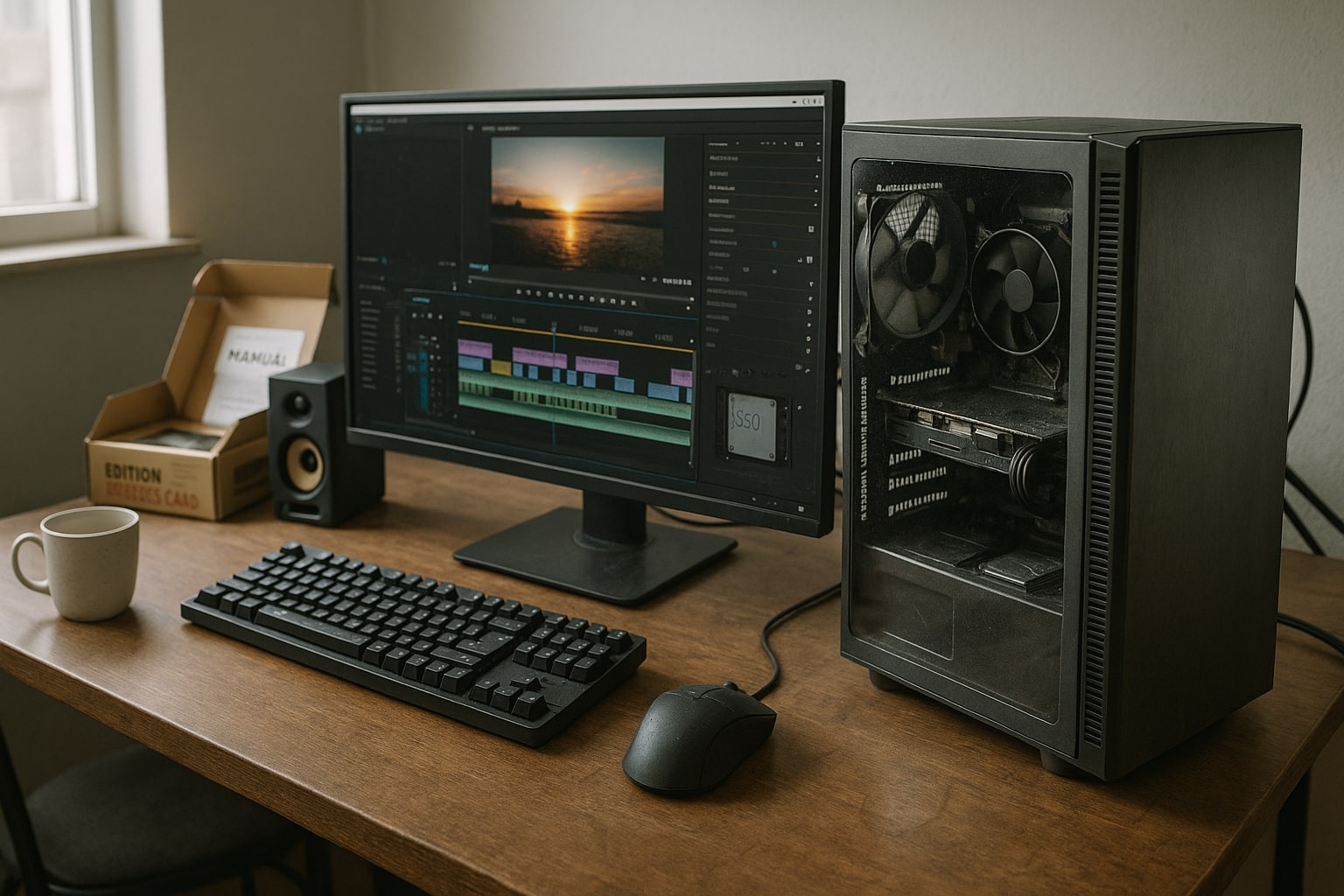 A realistic, compact home studio featuring a mid-tower PC with visible mid-range components, modest LED lighting, a monitor displaying video editing software, editing peripherals on a worn wooden desk, natural window light, and inviting workspace details for aspiring editors.