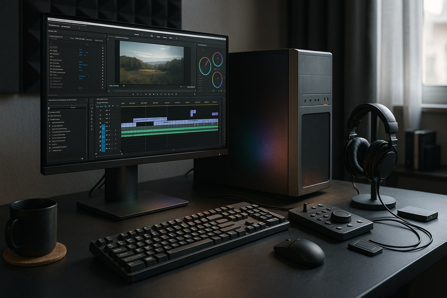 High-end video editing workstation with 4K monitor, editing software, tower PC, control surface, studio headphones, external SSD, SD card reader, mechanical keyboard, and mouse on a matte black desk in a modern studio with natural light and acoustic foam panels.