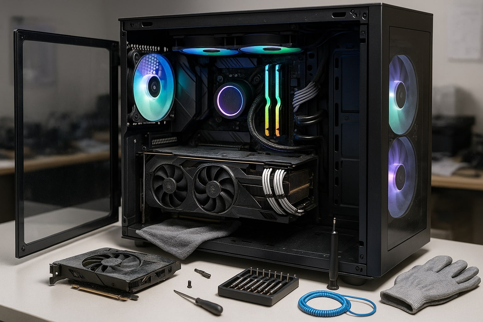 Sleek custom gaming PC with glass panel removed, showing RGB-lit parts, partially unscrewed GPU, and tidy cables. Tools, microfiber cloth, anti-static gloves, and wrist strap are on a white workbench. Bright lighting highlights metal textures, dust, and subtle fingerprints, capturing a realistic upgrade process.