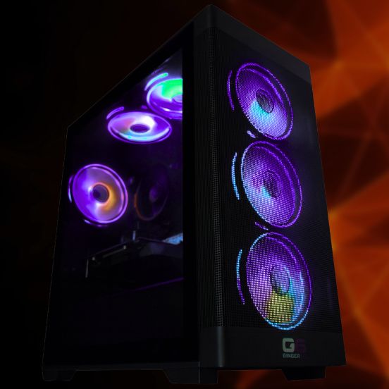 Ginger6 Nvidia RTX 5050 gaming PC hand-built in Wolverhampton, shown with clean cable management and tempered glass panel